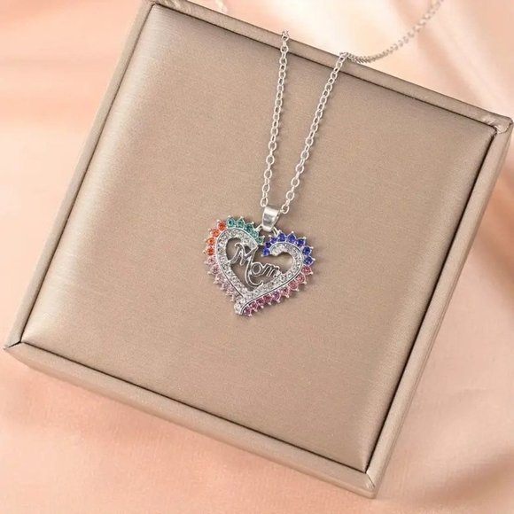 NEW Silver "Mom" Crystal Rainbow Heart Necklace Gay Pride LGBTQ - Picture 5 of 5